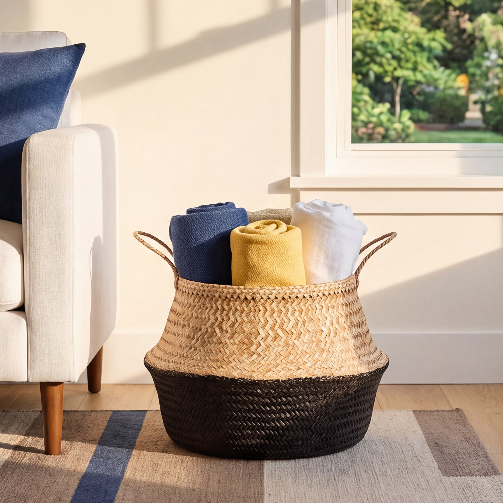 Handmade Seagrass Basket With Handles 1, Natural/Black, 13.5" H x 19.5" W x 19.5" D