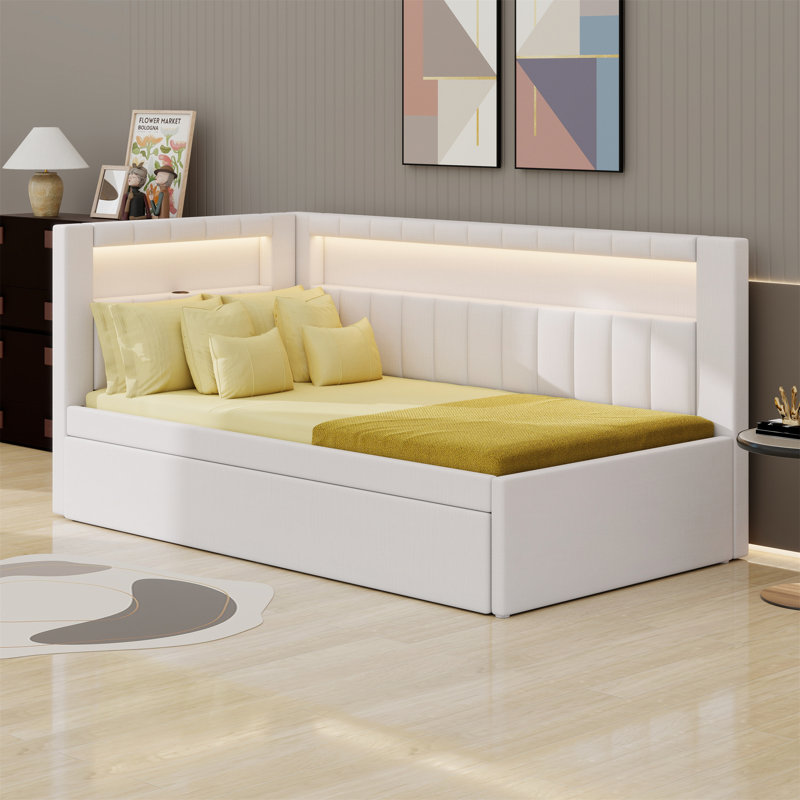 Lit plateforme tapissier avec ports USB et ceinture à DEL, avec lit gigogne, Blanc