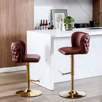 Tabourets de bar pivotants à hauteur réglable, rembourrage en cuir PU moderne, dossier, pour la maison pub et îlot de cuisine - siège rouge vin, revêtement en bourgogne et maison, pub, 2