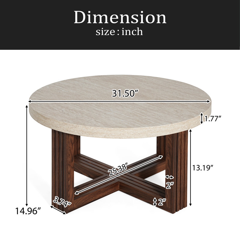 Table basse ronde de 31,5 pouces avec dessus en marbre et base croisée brune, table centrale moderne pour le salon