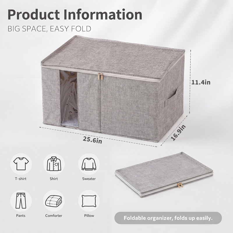 Lot de 3 boîtes de rangement pliables en tissu avec fenêtre transparente et fermeture éclair double – Organiseurs de placard aspect lin pour vêtements, couvertures, linge de lit – Gris, 65 x 43 x 29 cm