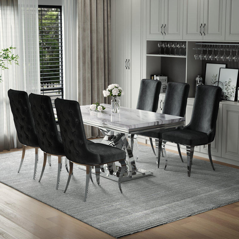 Ensemble de table de salle à manger 7 pièces en chrome argenté avec 6 chaises capitonnées en velours noir, Blanc / argenté, 7