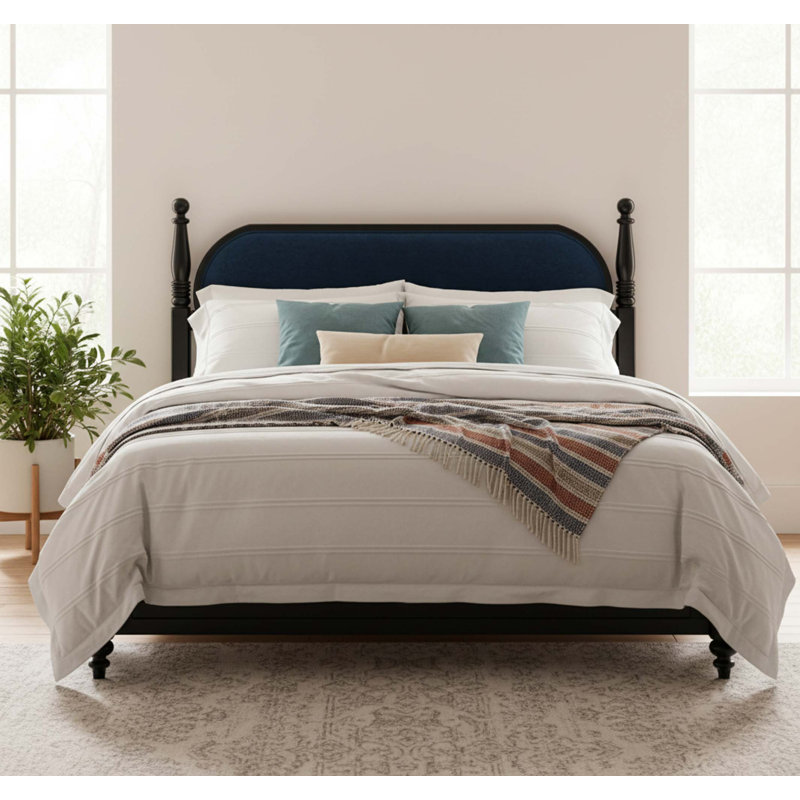 Cadre de lit Queen, plateforme en bois massif avec lattes et tête de lit rembourrée, style moderne, sans sommier requis