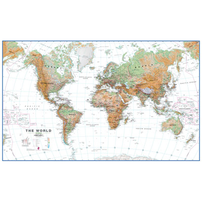 Large World Wall Map Physical White Ocean - No Frame Print