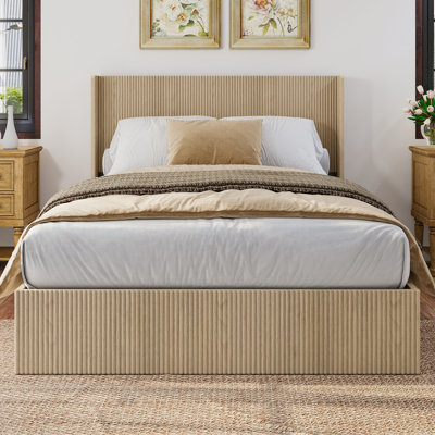 Large grooved undulating lift storage bed frame, wooden platform bed frame with lift storage, no spring box required/no noise, rustic brown slatted natural wood
