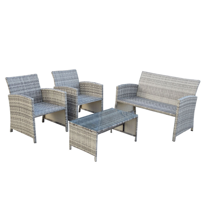 Ensemble de conversation en osier rotin pour 4 personnes avec coussins