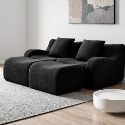 Soft Teddy Fabric Boneless Sectional Sofa with 2 Ottomans, Curved Armrests Ergonomic Support, 32D High Density Sponge, Anti-Slip Design