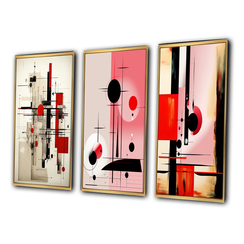 «Red and Blue Retro Illustration», 3 pièces sur toile, Cadre flottant doré, H 20 po x l 36 po