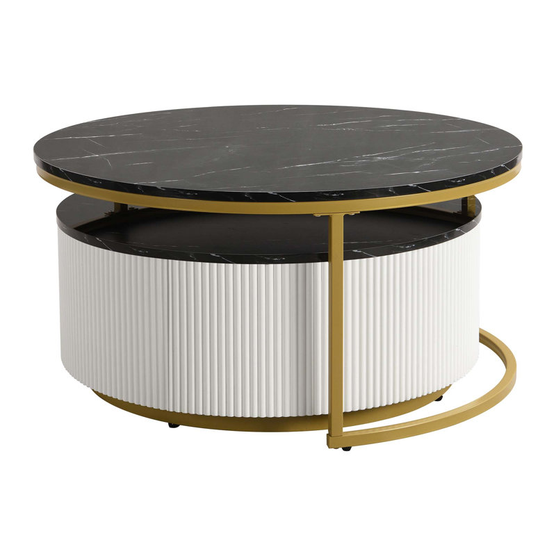 Table basse gigogne moderne cannelée avec tiroir Modern, Noir doré, H 15,7 po x L 27,6 po x l 27,6 po