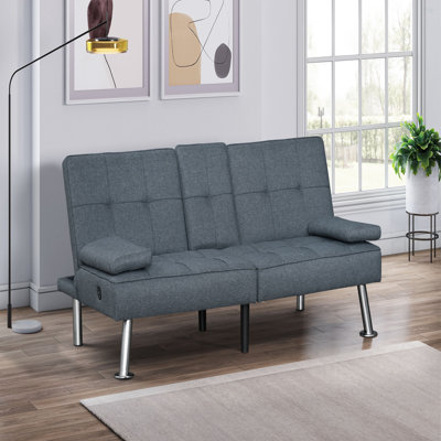 Canapé-lit convertible moderne en tissu gris avec ports USB et porte-gobelets rabattables