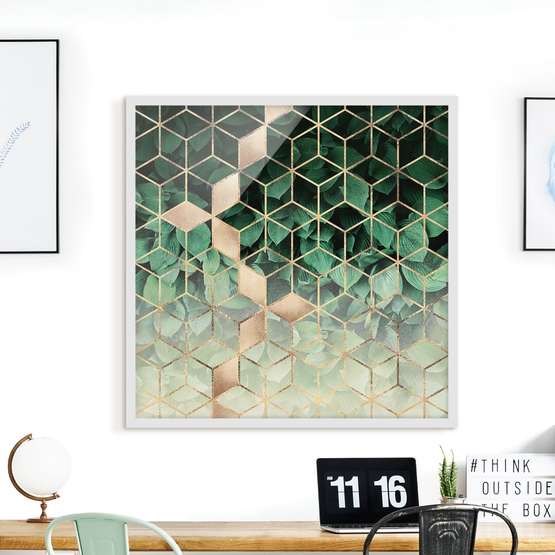 Gerahmtes Poster Green Leaves Golden Geometry