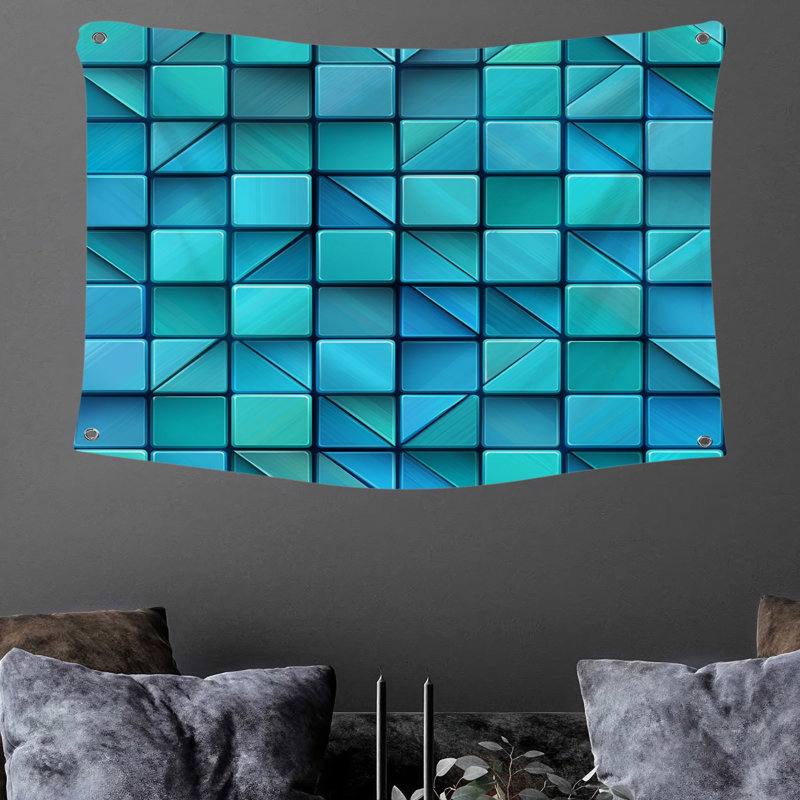 Tapisserie murale abstraite carrés - art mural, H 88 po x l 104 po