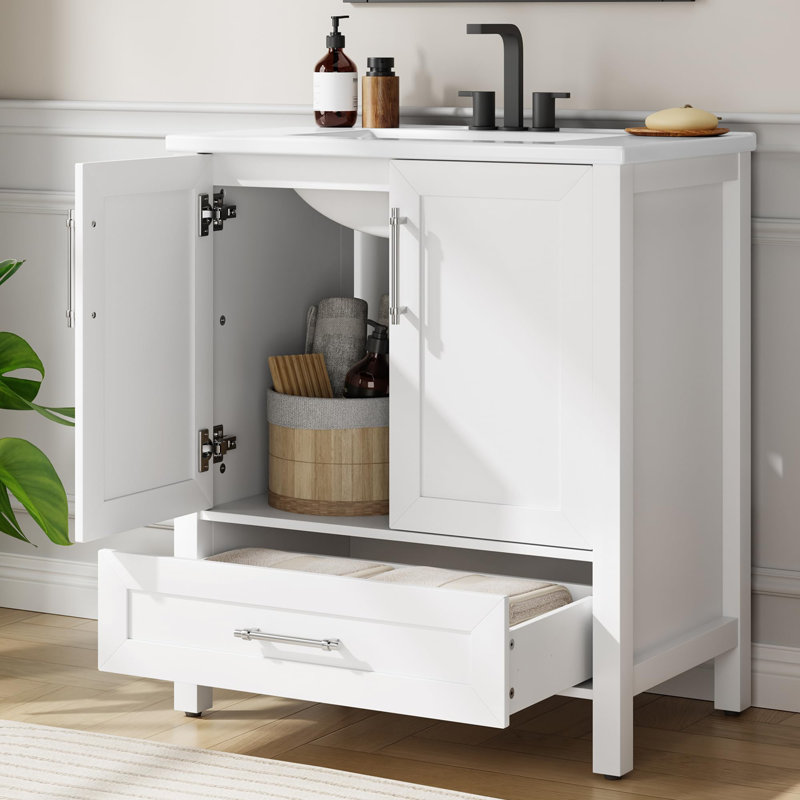 Dessus de meuble-lavabo simple 30 po avec lavabo en céramique blanc, Blanc