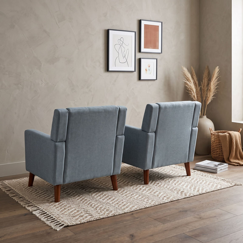 Fauteuils capitonnés en bois de style moderne du milieu du siècle avec pieds fuselés en bois massif, Bleu