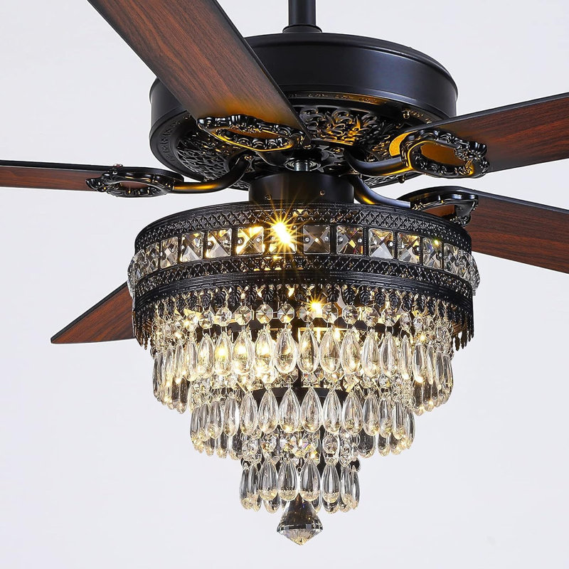 52"/62" Crystal Ceiling Fan Fandelier With Lights, Dark Walnut, 52"