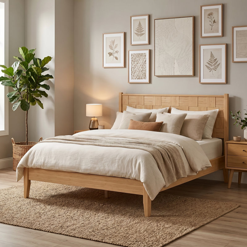 Lit plateforme en bambou massif avec tête de lit BambooWeave, Grand lit, Naturel