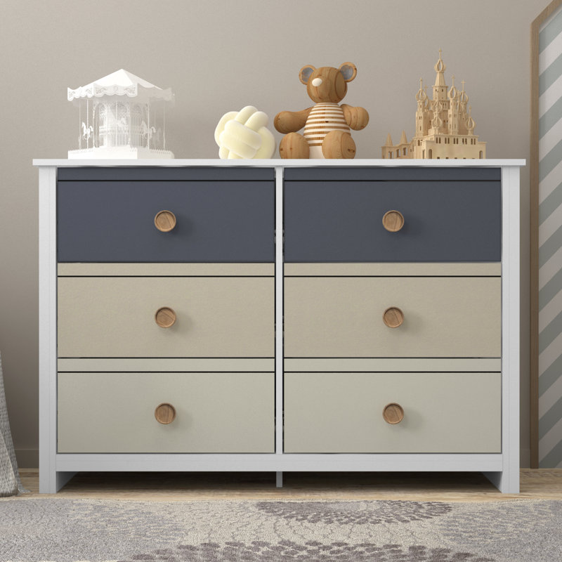 Bustillo 46.1'' W kids 6 -Drawer Dresser, White/Night Owl/Parchment/Ivory