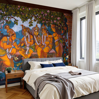 Peler et coller le papier peint Peintures murales traditionnelles peintures murales de la prière du kerala H 100 po x l 144 po Papier mural amovible en PVC, peintures murales auto-adhésives, décoration pour le salon de la chambre à coucher