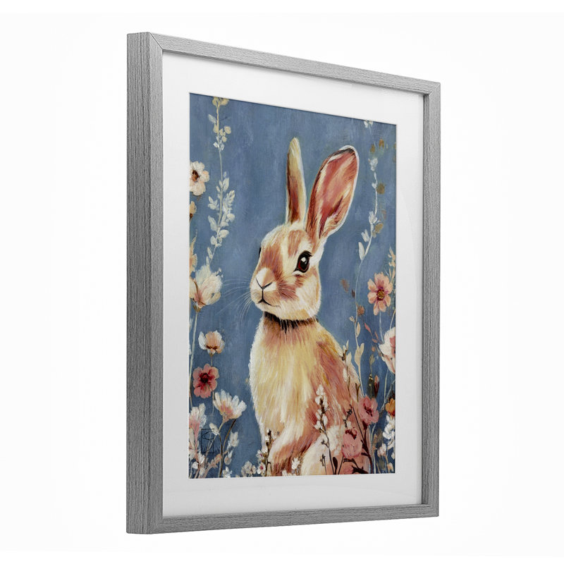 «Whimsical Rabbit on Blue», reproduction d'art sous verre, design par Sara Culpepper, H 16 po x l 13 po, Cadre de ferme gris
