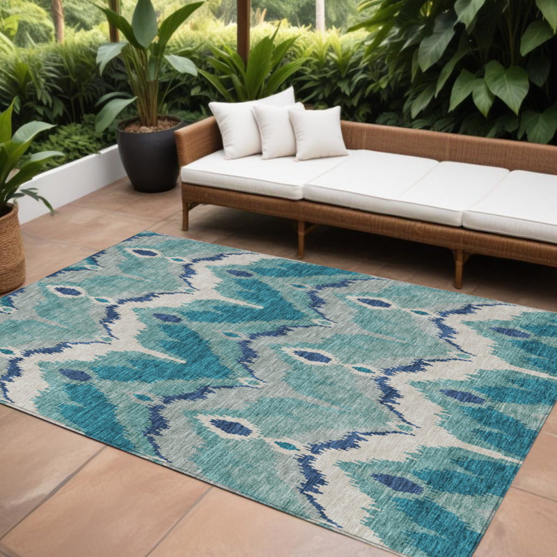 Tapis intérieur / extérieur lavable en ikat bleu sarcelle et ivoire HomeRoots 8 pi x 10 pi