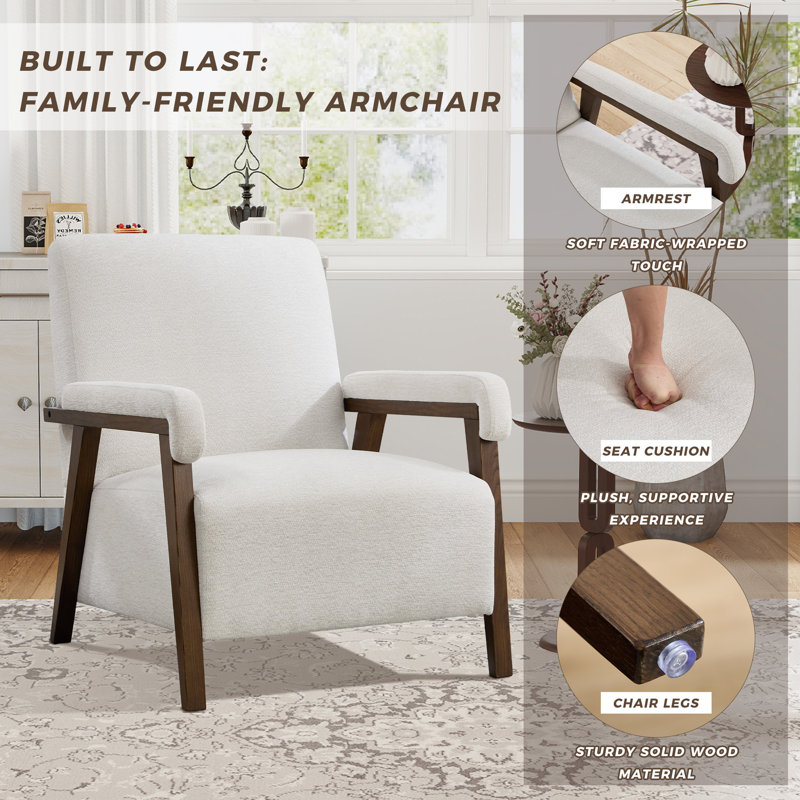 28.35'' Wide Upholstered Fabric Accent Armchair With Premium Solid Wood Legs, Ivory