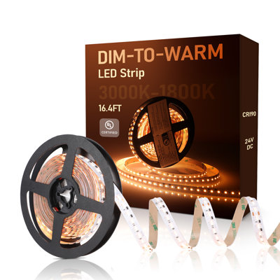 Ruban lumineux à DEL de 16,4 pi à intensité variable de 24 V, ruban à intensité variable 3000 K à 1800 K, 4,7 W / pi, homologué UL & CE