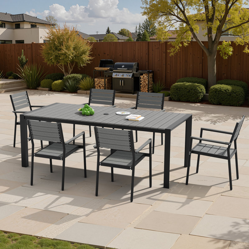 Ensemble repas pour 6 personnes en aluminium avec chaises empilables et trou pour parasol, Gris/noir