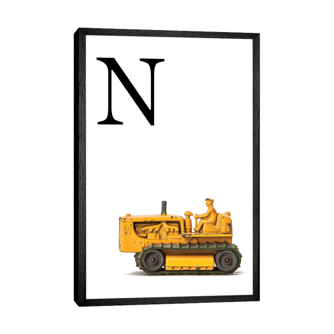 N Bulldozer Yellow White Letter - Graphic Art Print on Canvas