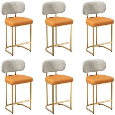 Ensemble de 6 tabourets de bar à hauteur de comptoir, tabourets de bar à dossier arrondi et structure en métal doré, tabourets modernes pour îlot de cuisine avec repose-pieds pour la salle à manger, bar pour le déjeuner, orange