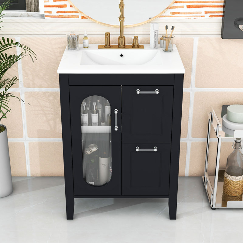 24" Bathroom Vanity with Ceramic Sink, 2 Drawers and Storage Cabient, Black