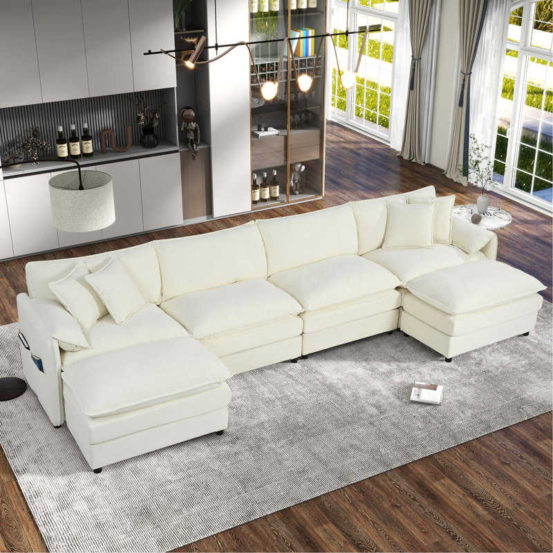 Canapé modulaire en U pour salon, canapé modulaire surdimensionné. 4 avec 2 repose-pieds, chenille beige. Confort d'assise profond. Assemblage personnalisable. Chambre spacieuse et confortable. Relaxant