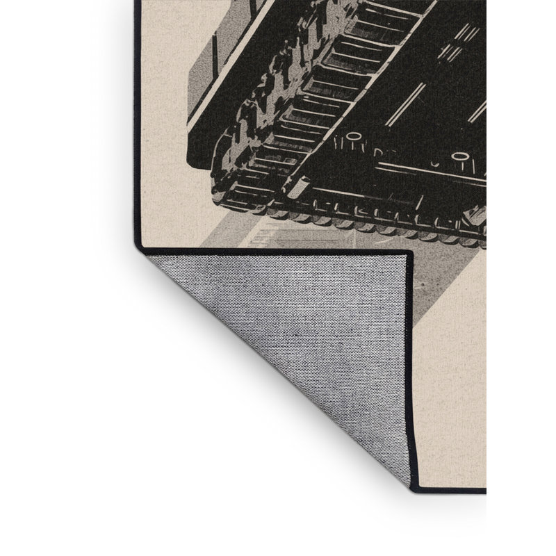 Machine Washable Vehicles And Transportation Amphibious Vehicle Industrial Block Print Rug in Beige – Black Binding, 7x9