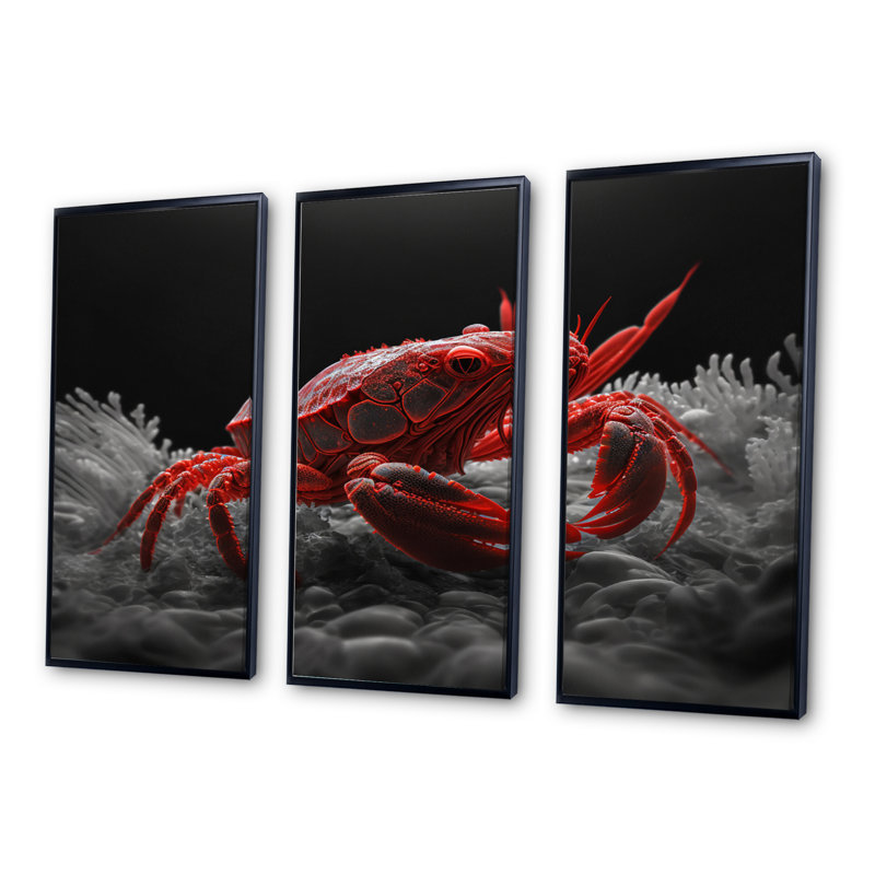 «Red Deepsea Crab» en rouge et noir VI - 3 pièces sur toile, H 28 po x l 36 po x P 1 po, Toile à cadre flottant noir