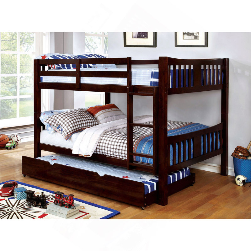 Lit escamotable en bois massif de style transitionnel avec lit superposé double au-dessus d'un lit double et couchette en noyer foncé inclus