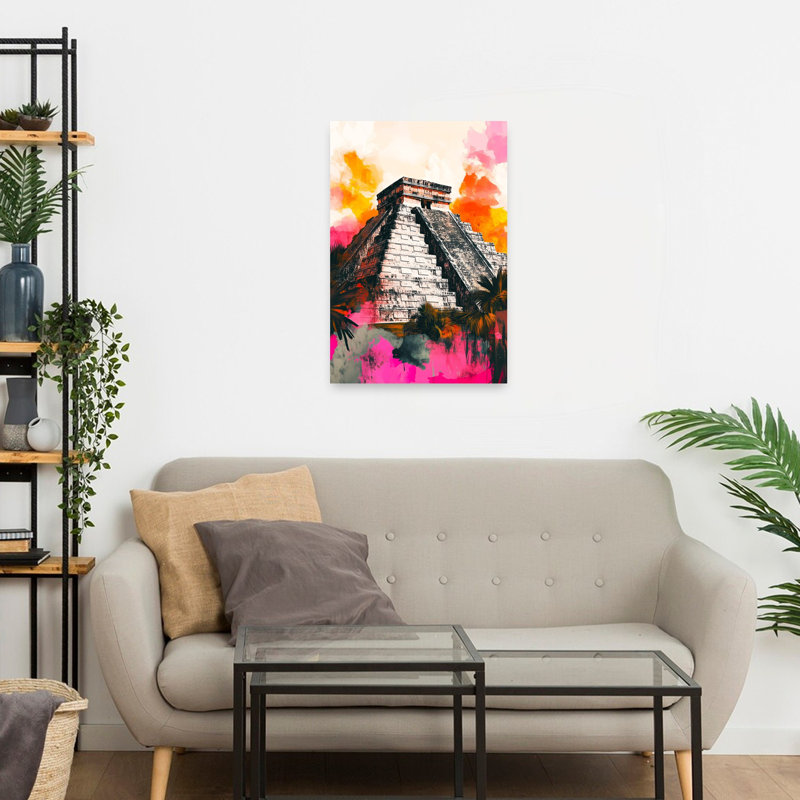Vibrant Chichen Itza Pyramid Colorful Dramatic Vibrant Architecture Landscape Wall Art Print 1 Piece Wrapped Canvas Wall Art