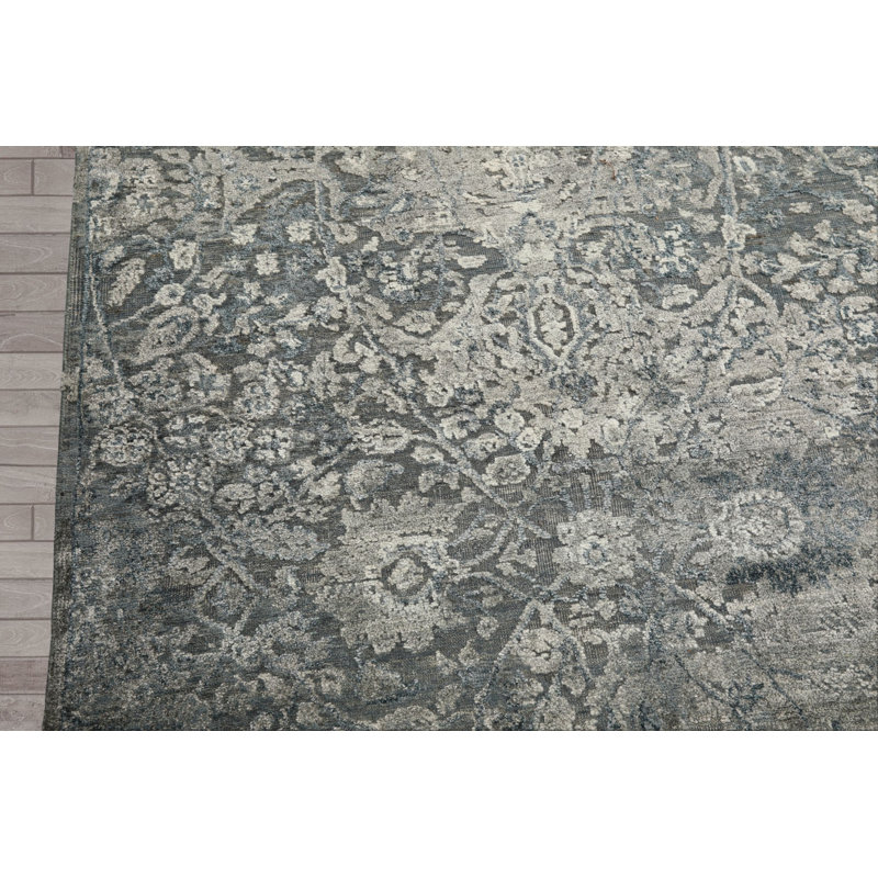 Tapis abstrait moderne en laine, bambou et soie, 2,39 m x 3,02 m, bleu aqua et argent, noué à la main