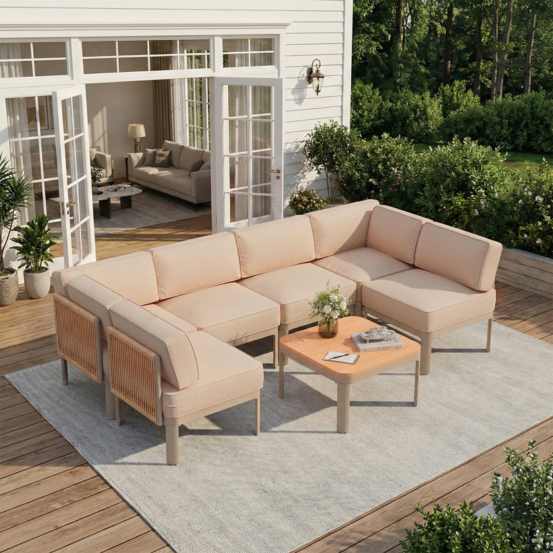 Ensemble de mobilier modulaire de patio 7 pièces, ensemble de conversation d'extérieur avec cadre en aluminium avec coussins de 6 po d'épaisseur et table basse, canapé modulaire en U toutes saisons pour bord de piscine, terrasse et cour arrière, beige
