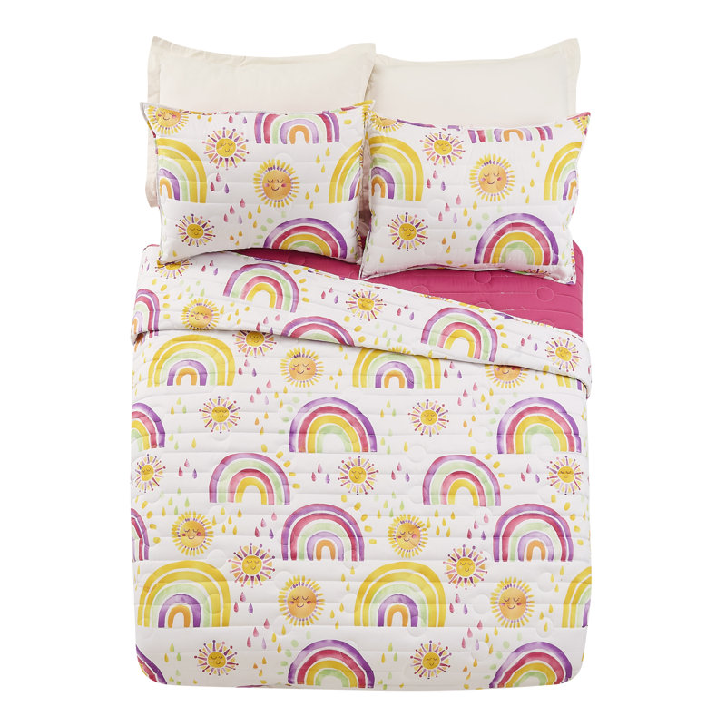 Rainbow & Suns Pink Reversible Microfiber Quilt Set, Twin Quilt + 1 Sham