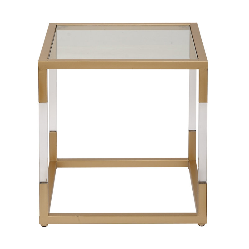 Gold Metal and Clear Glass Square End Table with Acrylic Legs