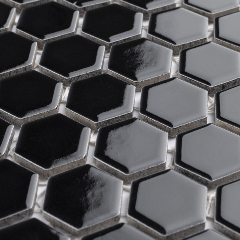 Metro 1" Hex Glossy Black 10-1/4 in. x 11-7/8 in. Porcelain Mosaic Tile