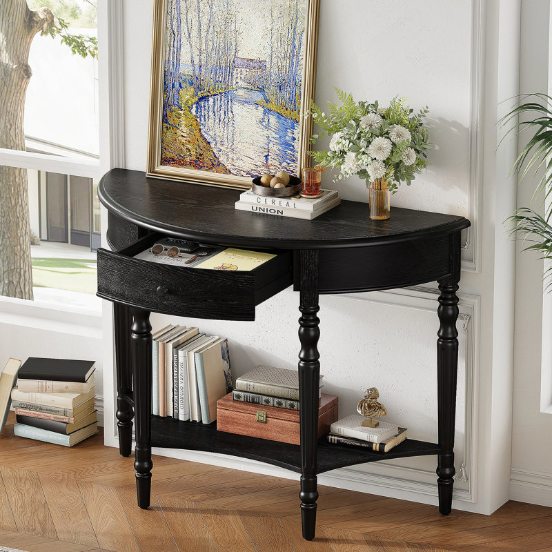 Console rustique demi-lune avec tiroir et tablette, Noir