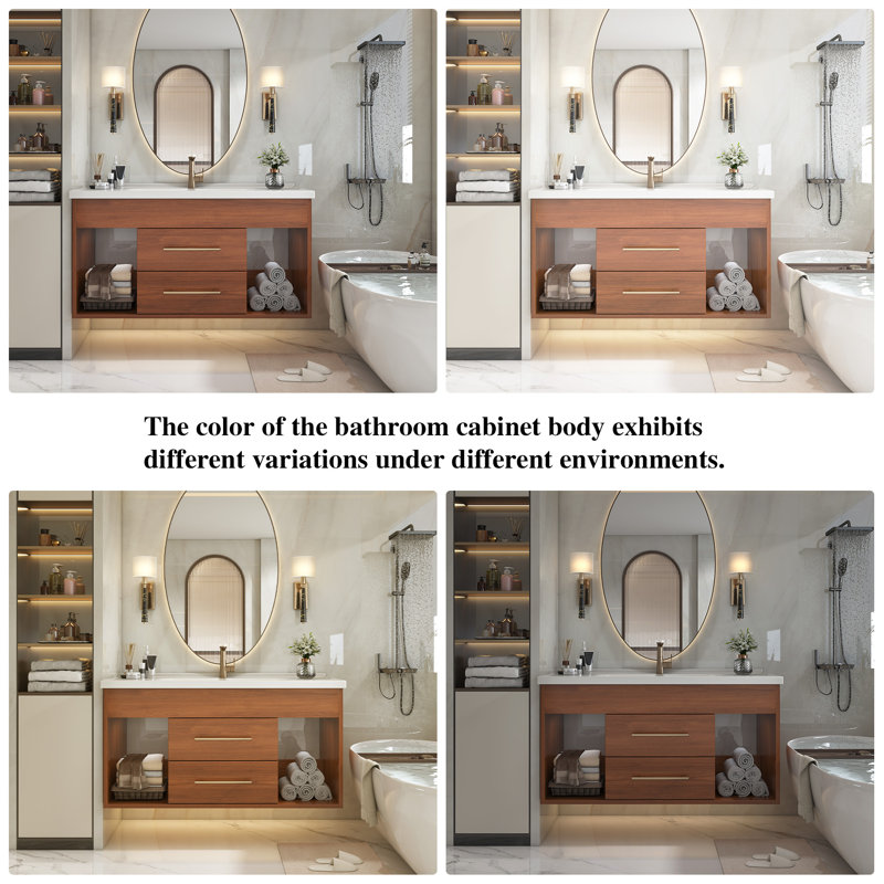 35.4" Modern Bathroom Single Vanity With Ceramic Sink, Rubbed Bronze Handles, 2 Drawers & Open Shelves, Walnut