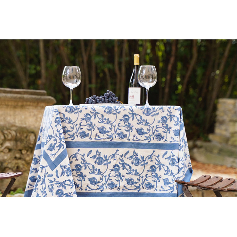 Granada Cornflower Blue Handmade Floral Tablecloth, 90" Square, Blue