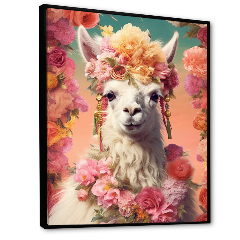 Lama harmonie II sur toile, H 40 po x l 30 po, Cadre flottant noir