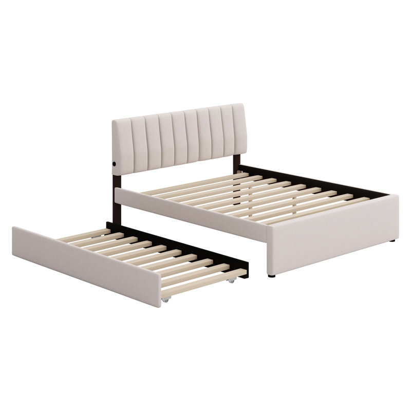 Lit plateforme tapissier avec lit gigogne, Beige