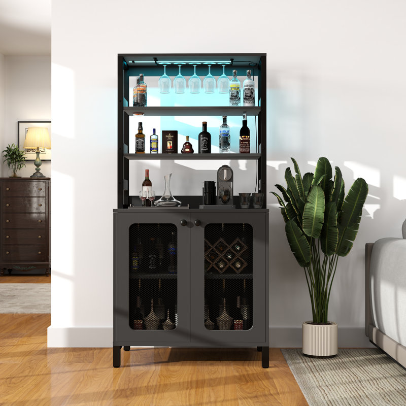 Swapan 66.9''tall  Modern Wine Cabinet Bar Cabinet with Wine Glasses Rack and Led Strip, Black