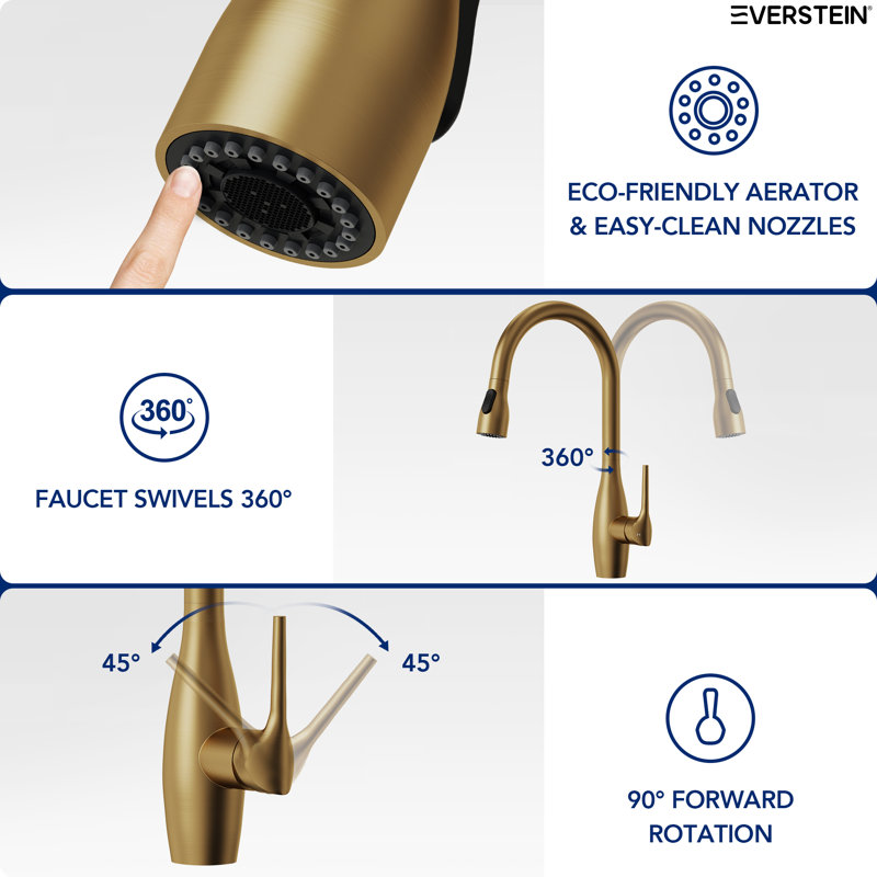 Dual Function Single Handle Pull Down Kitchen Faucet, Brushed Gold