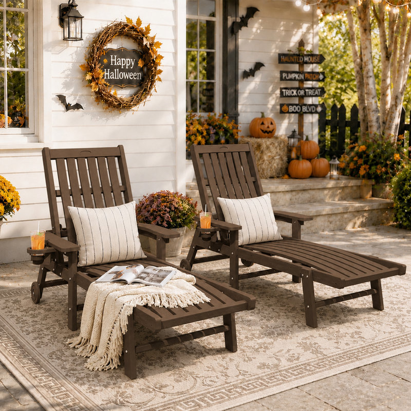 Brown Outdoor HDPE Adjustable Reclining Chaise Lounge Chair With Wheels & Cup Holder (Set of 2), Brown, 2
