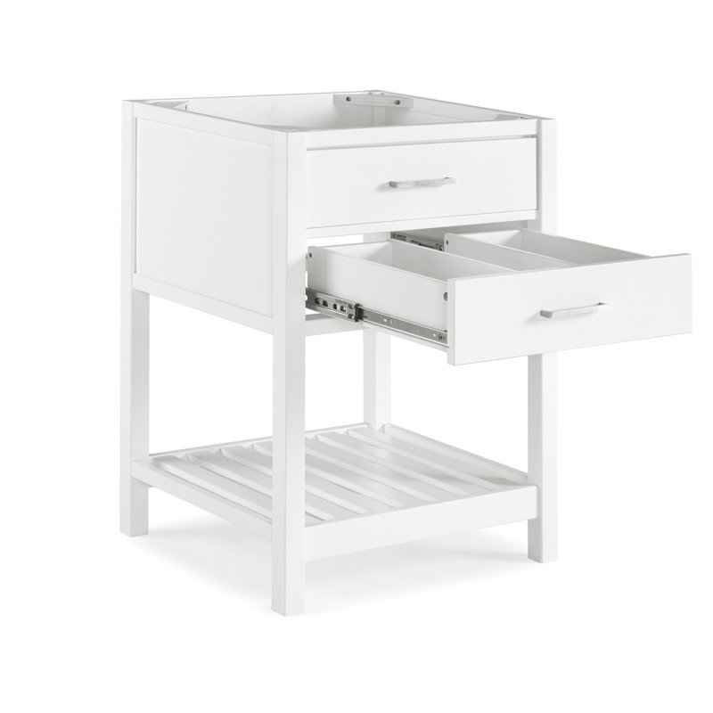 Meuble-lavabo de 24 po de largeur Harrison, rangement de salle de bain avec tiroirs à fermeture en douceur, quincaillerie en nickel, niveleurs à hauteur réglable, tablette à lattes, tiroir à deux tiroirs, fabrication en bois de pin massif, blanc