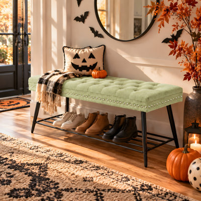 Vintage Tuft Nailhead Shoe Bench, Storage Shelf, Upholstered Entry Bench
